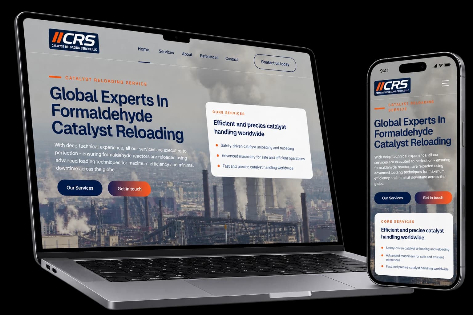 Catalyst Reloading Services startsida på laptop och mobil