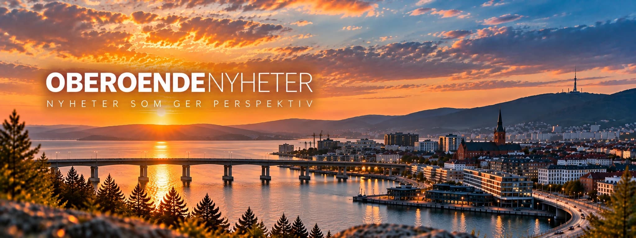 Oberoende Nyheter – vy över en stad i solnedgång med sajtens logotyp