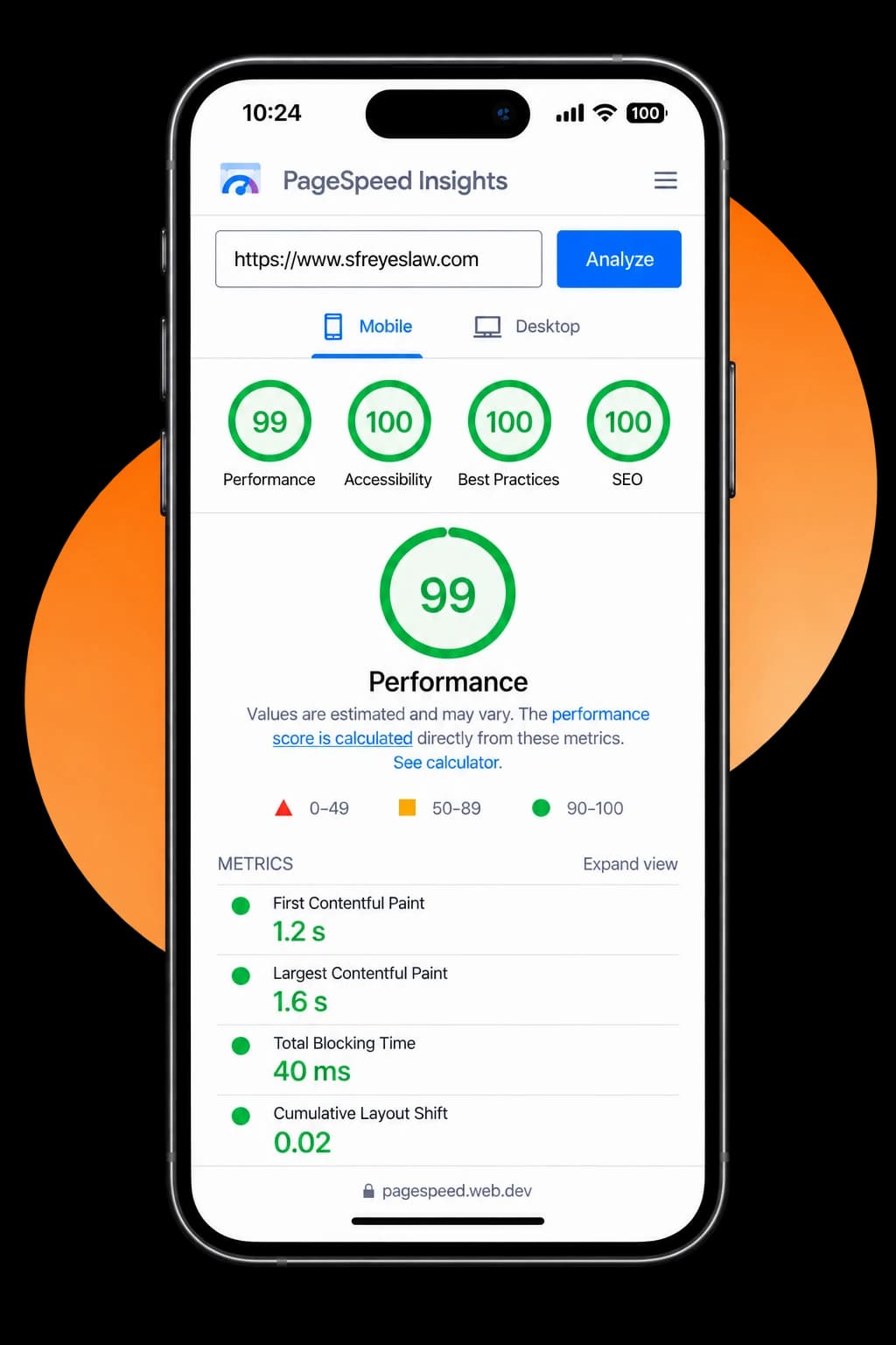 Mobilvy och PageSpeed-resultat för kundprojekt