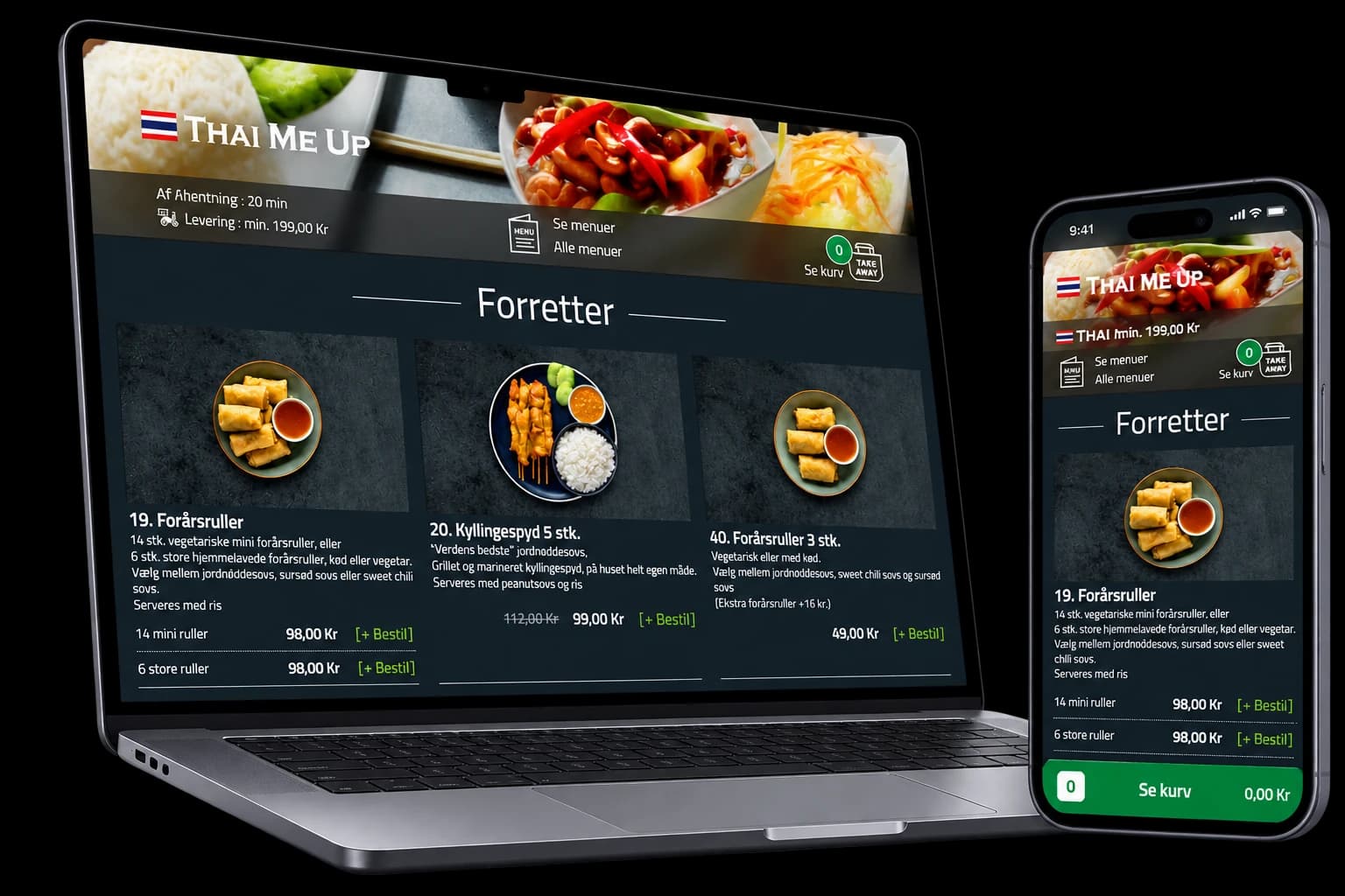 Thai Me Ups beställningssida på laptop och mobil