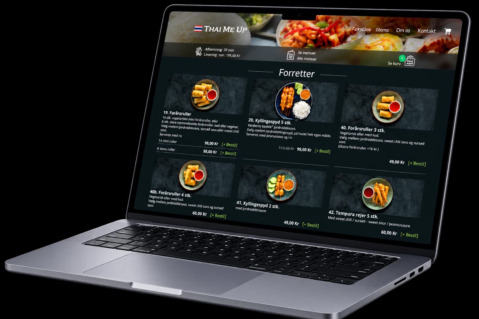 Beställningssidan för Thai Me Up, byggd av Sebstah IT, öppen på en laptop